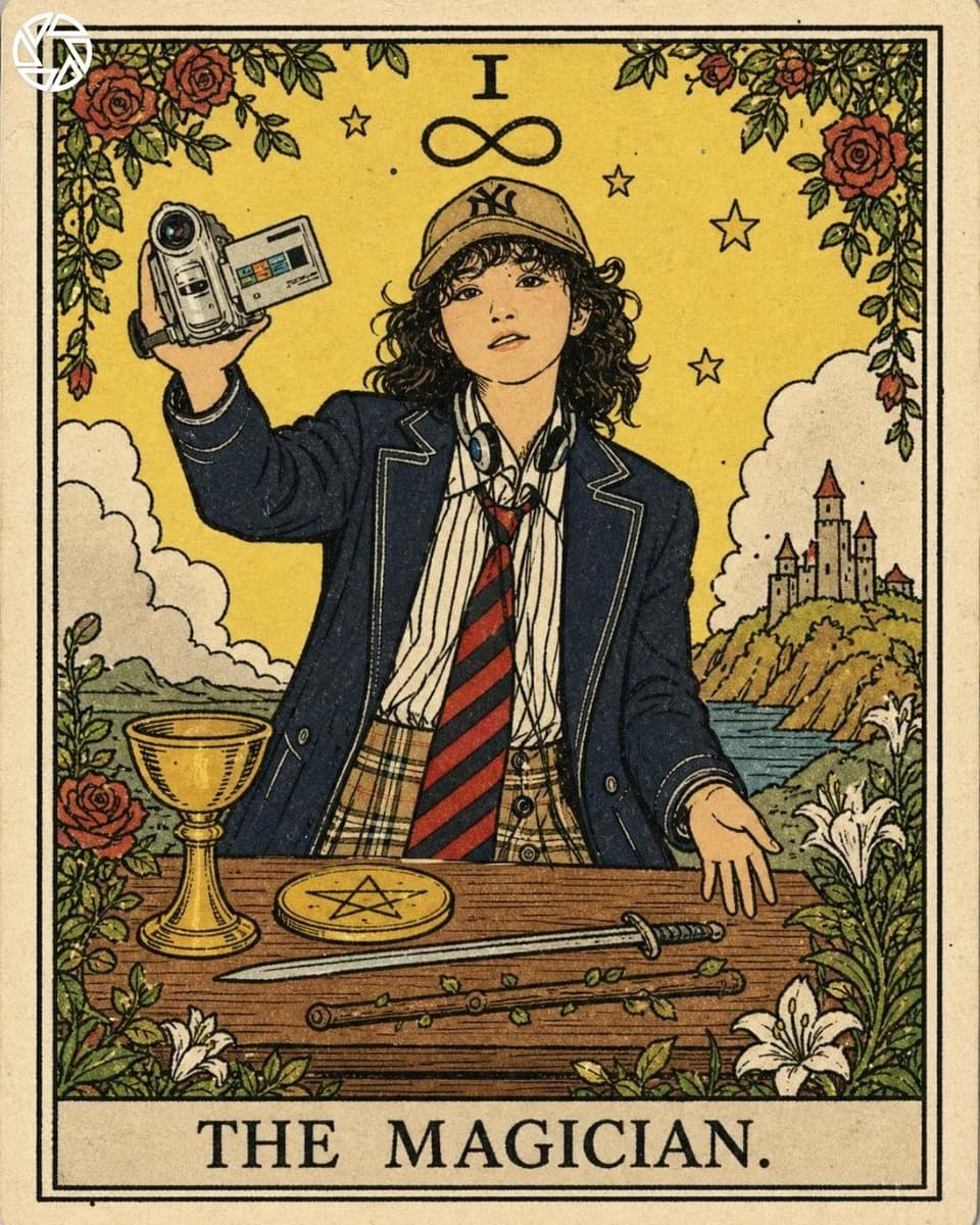 A drawn figure in a cap holds a video camera, surrounded by Tarot symbols, with flat colors and expressive black linework on textured paper