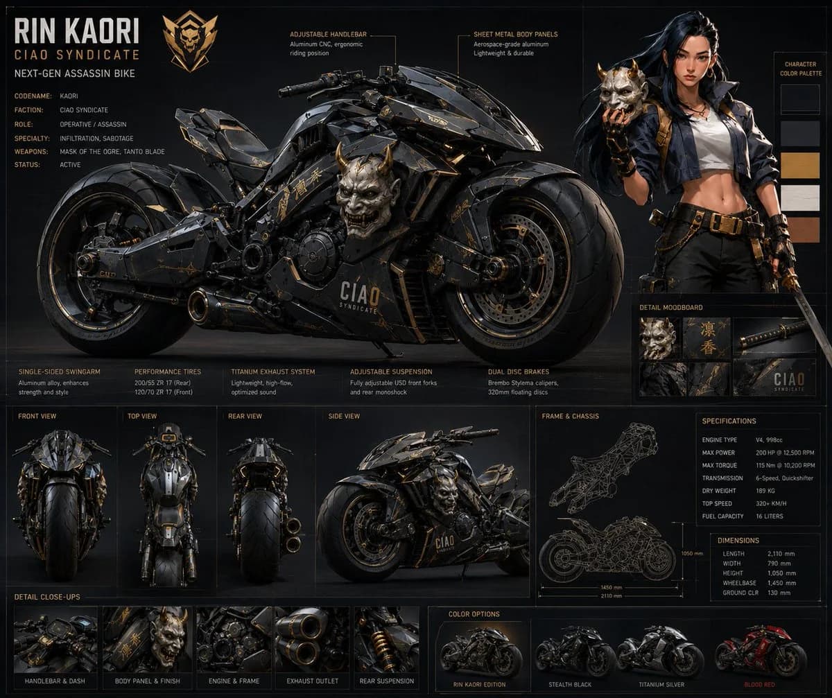 A dark cyberpunk motorcycle concept spec sheet with a female assassin, technical views, moodboard, color variants, and detailed engineering panels