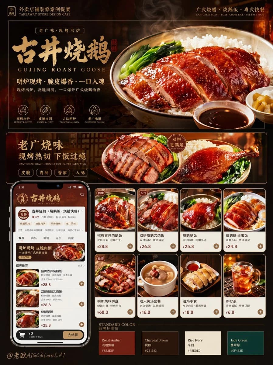 Roast rice branding proposal board with storefront decoration concepts, menu visuals, signage, and commercial design layout.