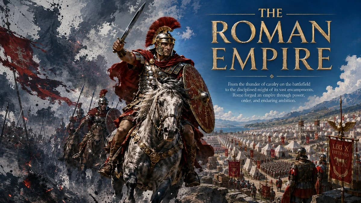 Roman Empire poster blending an armored commander with a grand city and battlefield panorama