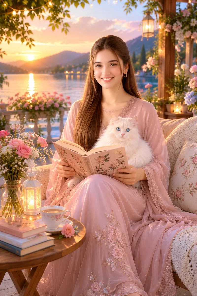 Cottagecore lakeside garden portrait of a woman reading with a white cat at sunset