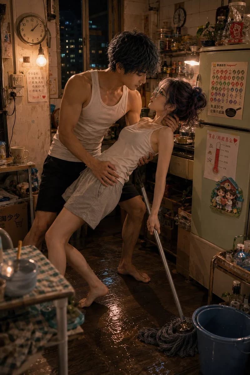 Romantic Mopping Slip in Rental Kitchen with sequential storytelling, expressive character design and cinematic panel composition