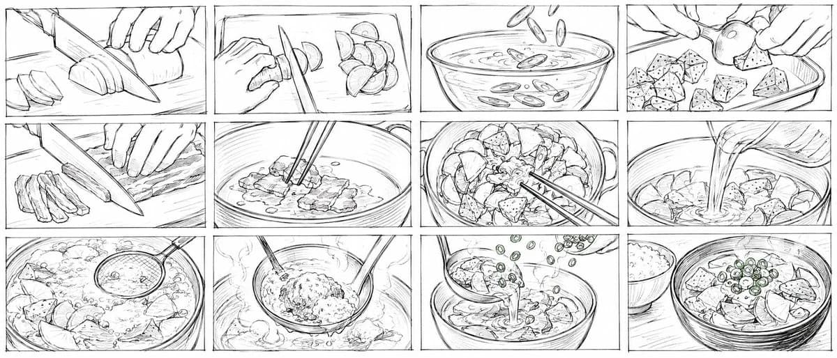Rough tonjiru cooking storyboard with hand-drawn food preparation panels, kitchen notes, and warm recipe detail
