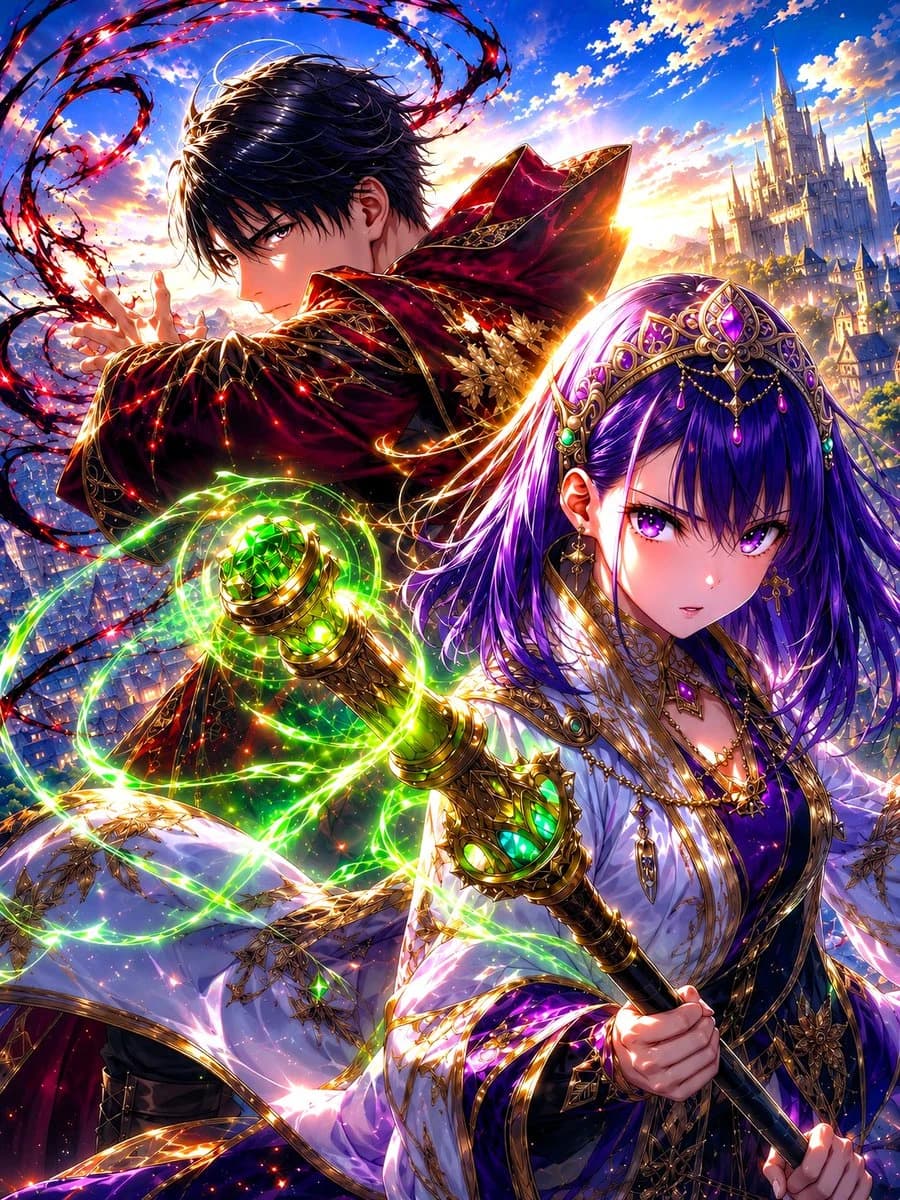 Royal anime mages at sunrise in a magical city, with dramatic fantasy costumes, glowing light, and vertical key-visual framing.