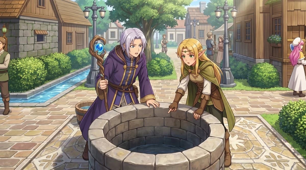 A silver-haired mage and a blonde elf lean over a stone well in a vibrant anime-style village, surrounded by lush greenery and townspeople