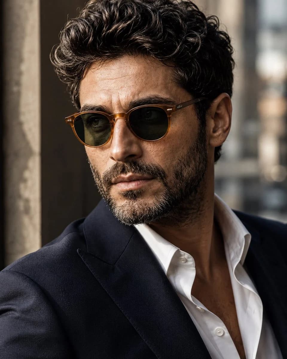 Rugged sophisticated male portrait with tailored styling, textured skin detail, and premium cinematic lighting