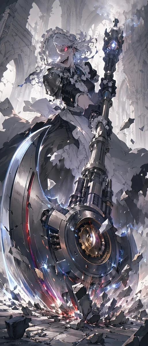 Battle maid character standing in a ruined cathedral with dramatic anime lighting and fantasy armor details