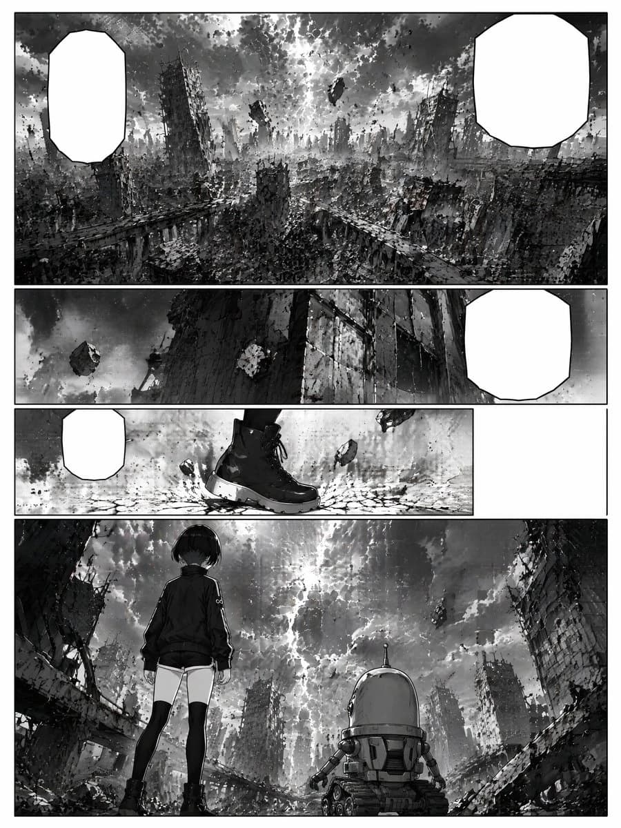 Black-and-white ruined sci-fi manga page with futuristic city wreckage, cinematic panels, and empty dialogue bubbles.