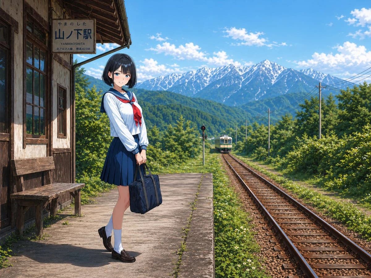 A high school girl in a sailor uniform stands on a rural train station platform, holding a school bag, with mountains in the background