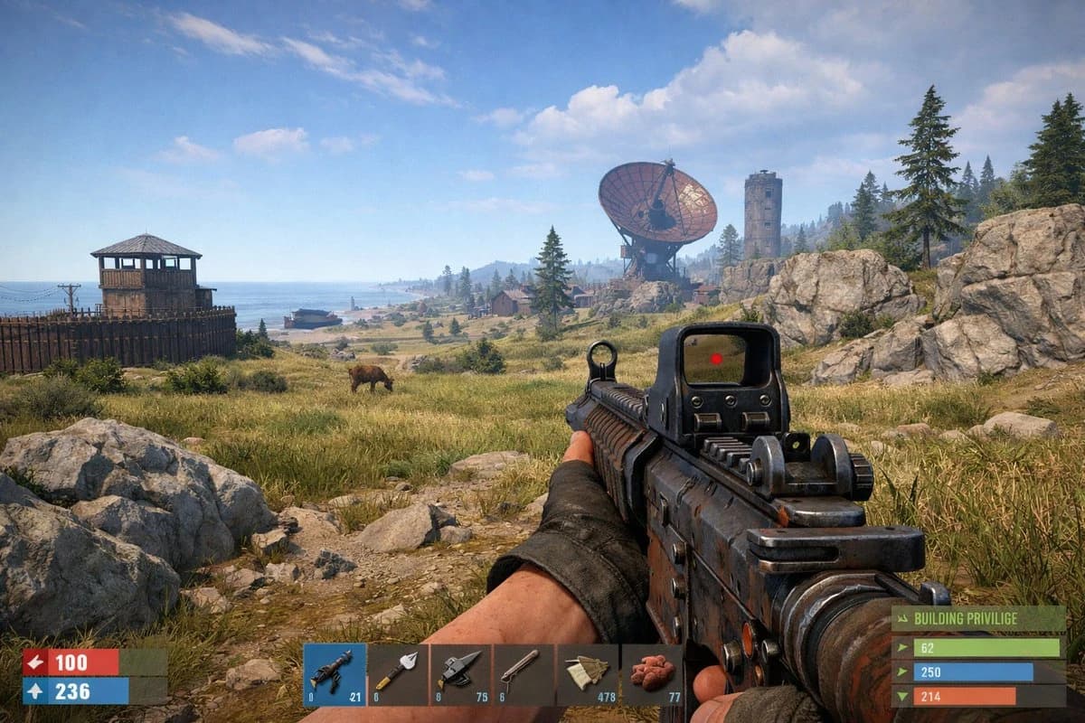A player holds a rifle while surveying a grassy landscape featuring a wooden watchtower, a bear, and a satellite dish in the distance