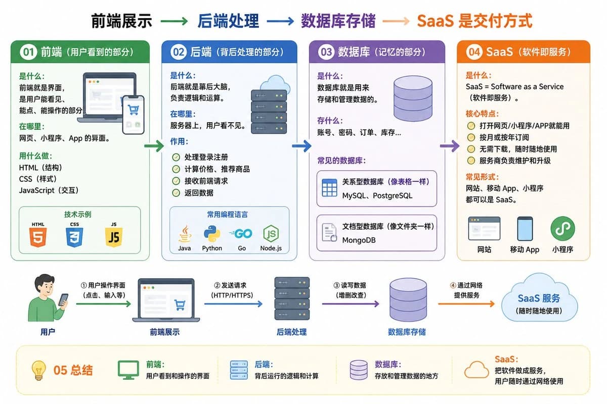 A detailed infographic illustrating the relationship between frontend, backend, database, and SaaS, with labeled sections and visual examples