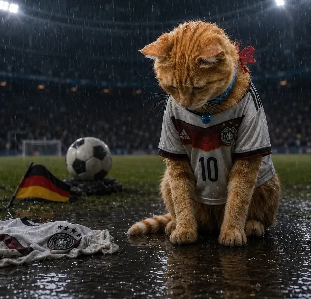 Sad football cat in a Germany jersey sitting on a rain-soaked stadium pitch after a heartbreaking night match.