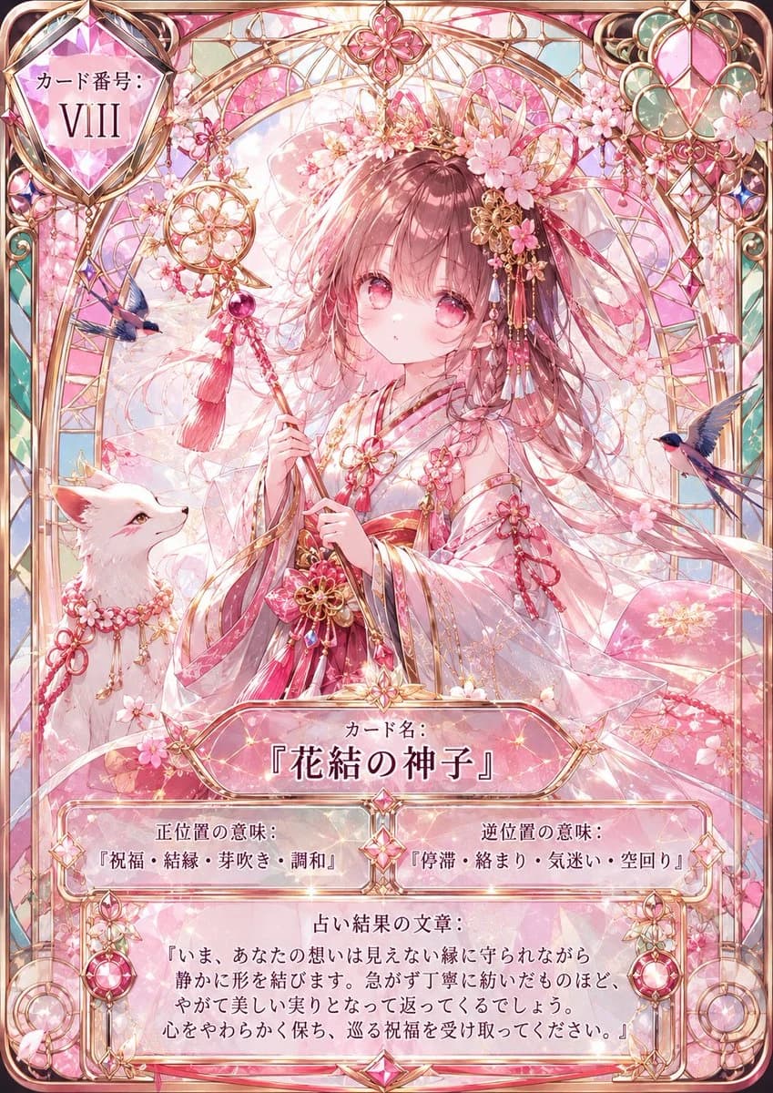 Tarot-card style illustration with sakura divinity theme, ornate frame, mystical character art, and delicate pink blossoms.