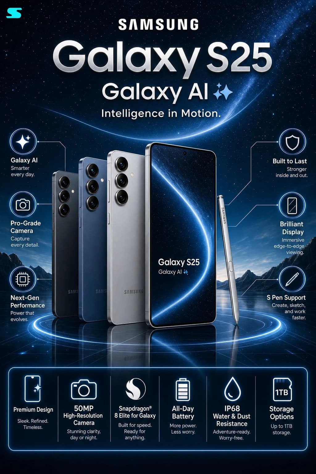 The Samsung Galaxy S25 infographic poster features multiple sleek smartphones against a cosmic blue background, highlighting advanced features and design elements