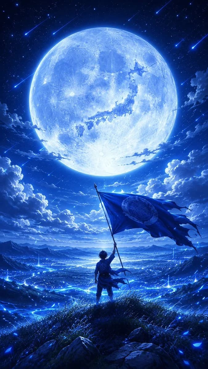 A young samurai stands on a hilltop under a sapphire-blue moon, holding a tattered flag above a luminous valley and distant mountains.