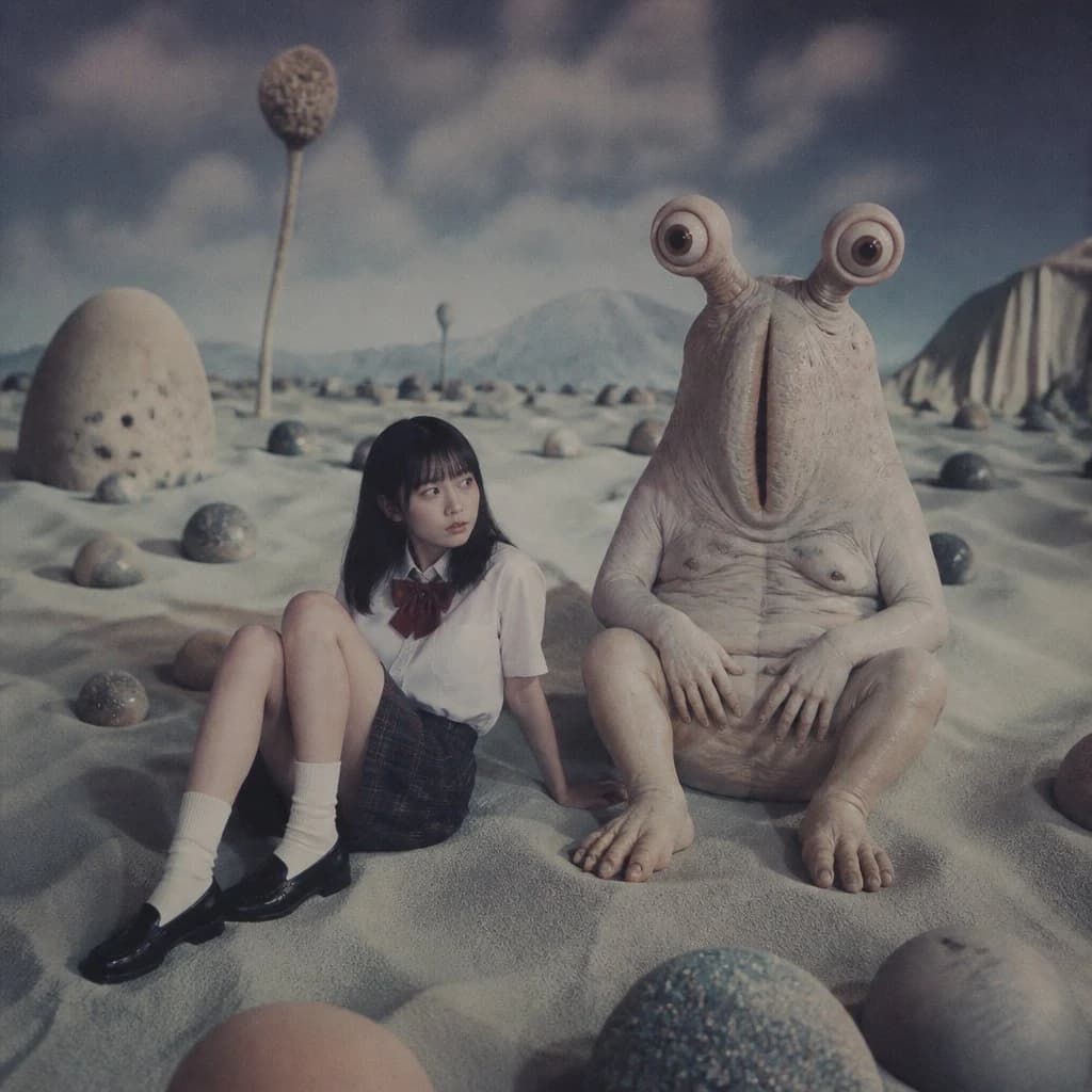 Anime schoolgirl facing an eyestalk alien in a sandy wasteland, with surreal sci-fi storytelling and dramatic scale.