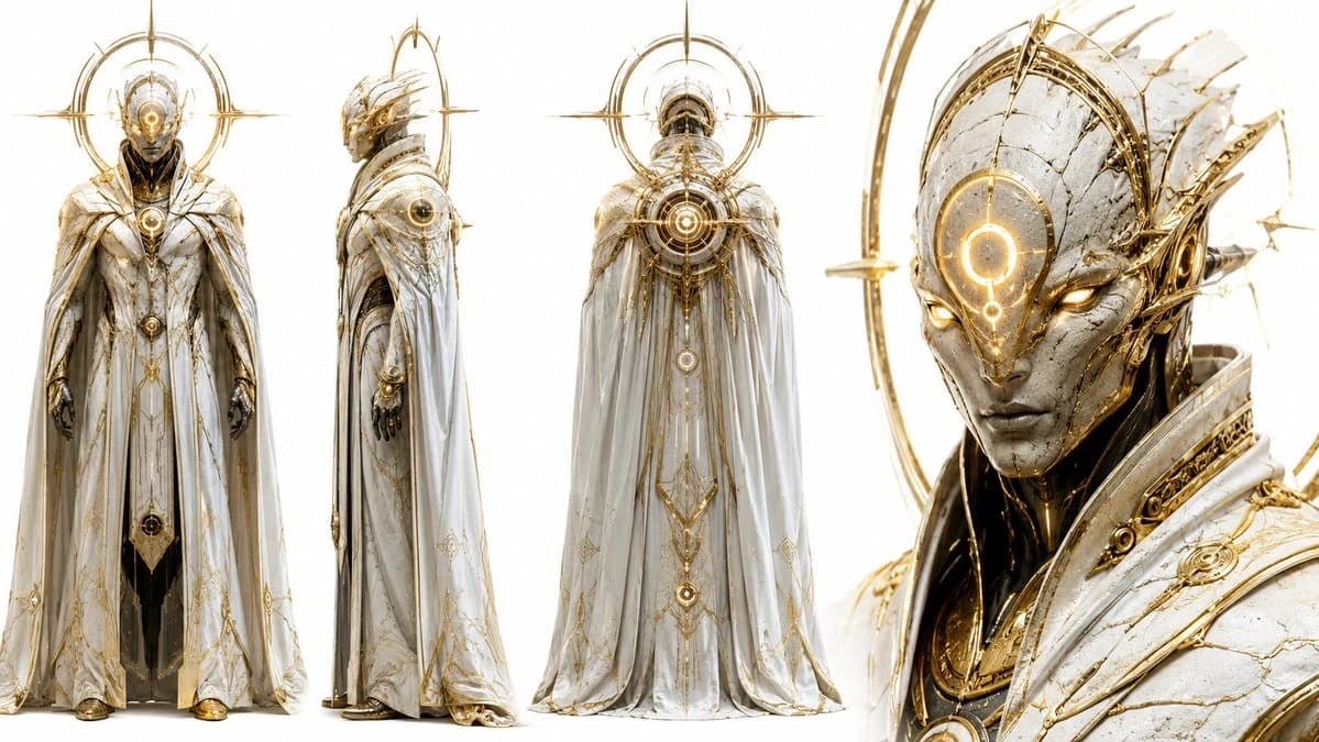 A celestial voyager character concept features intricate golden details and a flowing white cape, presented from multiple angles