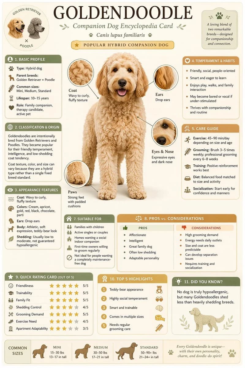 The Goldendoodle encyclopedia card features a detailed profile of the hybrid dog, including its characteristics, care guide, and suitability for families