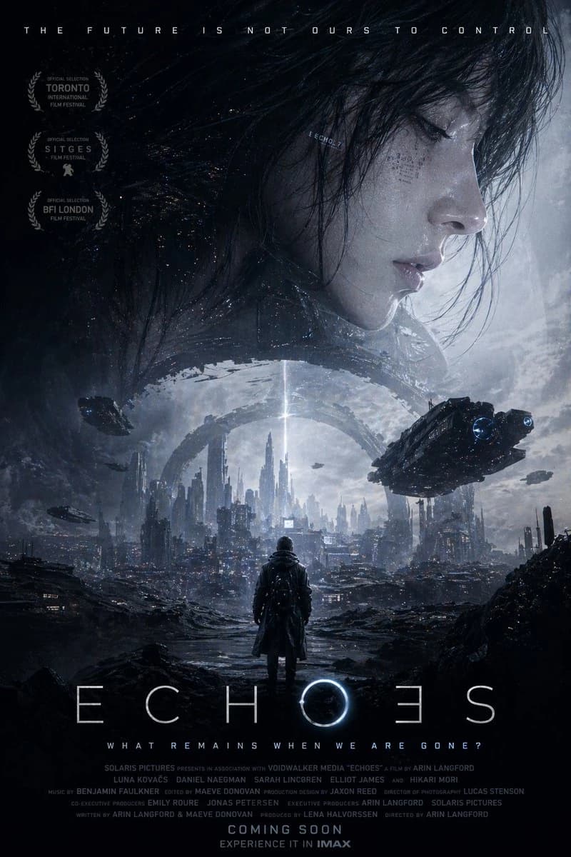 A lone figure stands in a futuristic cityscape under a cosmic backdrop, with the title "ECHOES" prominently displayed
