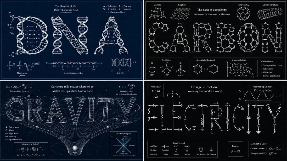 The poster features the words DNA, CARBON, GRAVITY, and ELECTRICITY, each formed from scientific diagrams on a dark blueprint background
