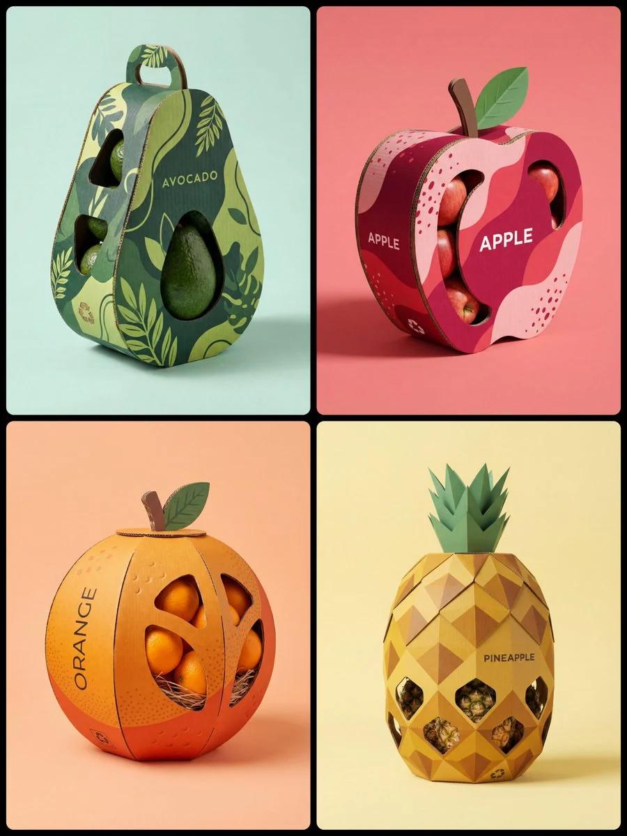 GPT Image 2 prompt example showing sculptural fruit-shaped product packaging for avocado, apple, orange, and pineapple boxes