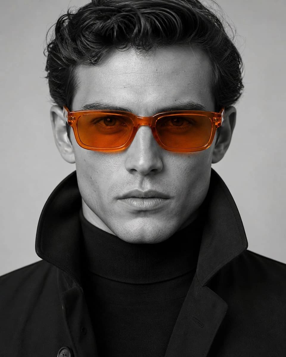 A close-up portrait features a person with defined facial features wearing orange acetate sunglasses, set against a monochrome background
