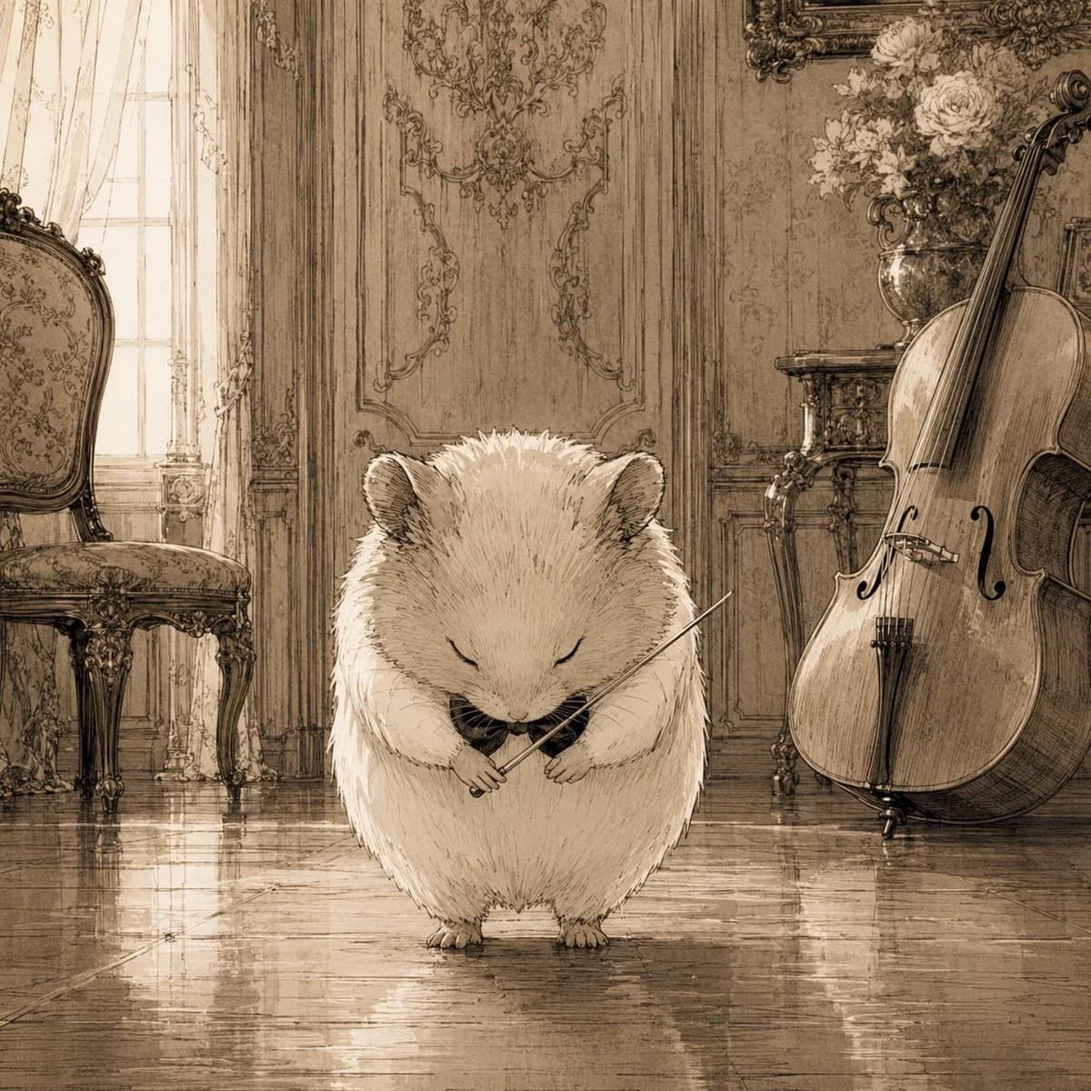 Sepia Hamster Violinist Salon with character-focused concept art, expressive styling and detailed illustration design
