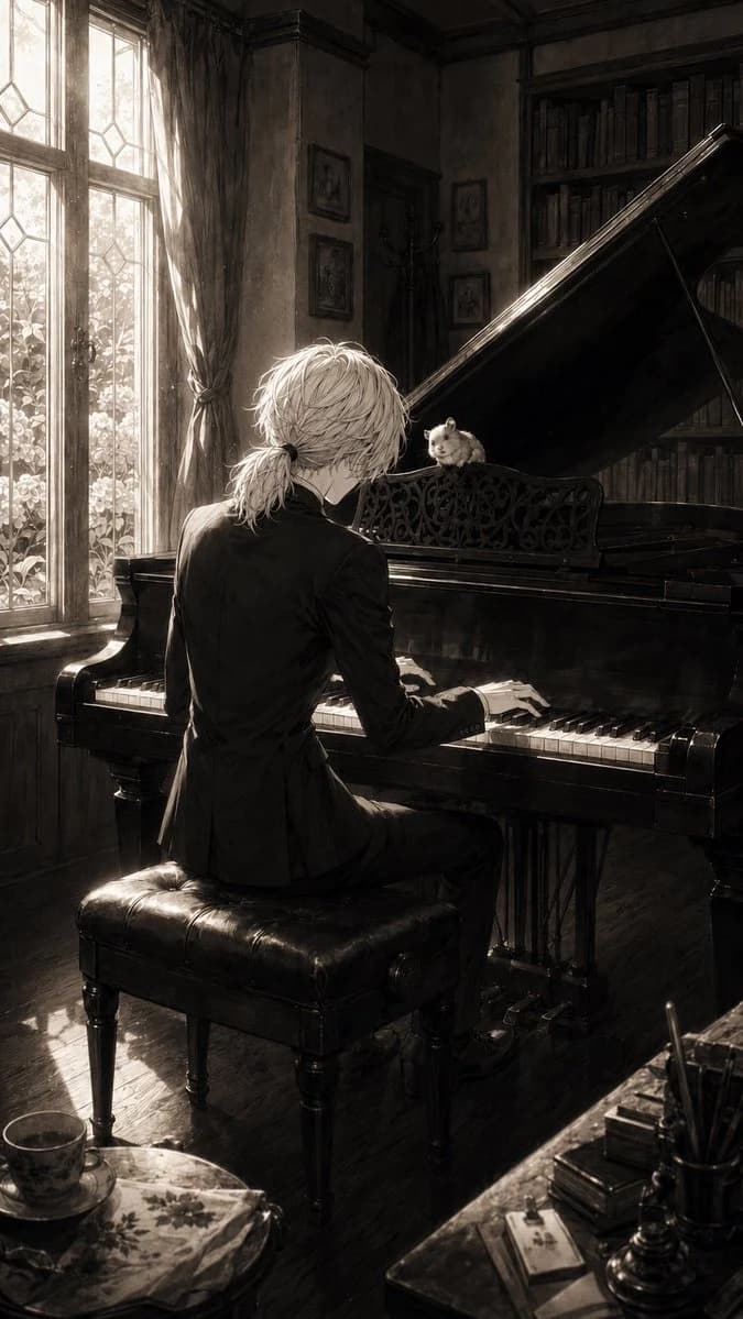 Sepia Pianist and Hamster social media visual