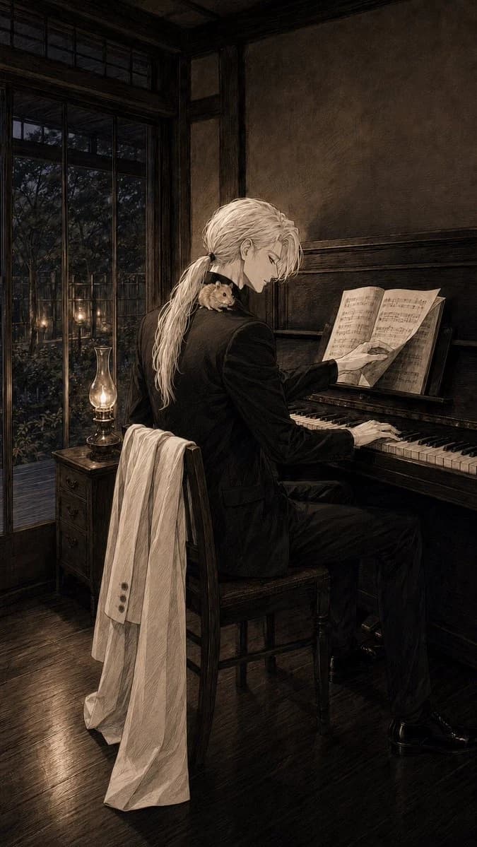 Sepia Pianist in Vintage Room social media visual