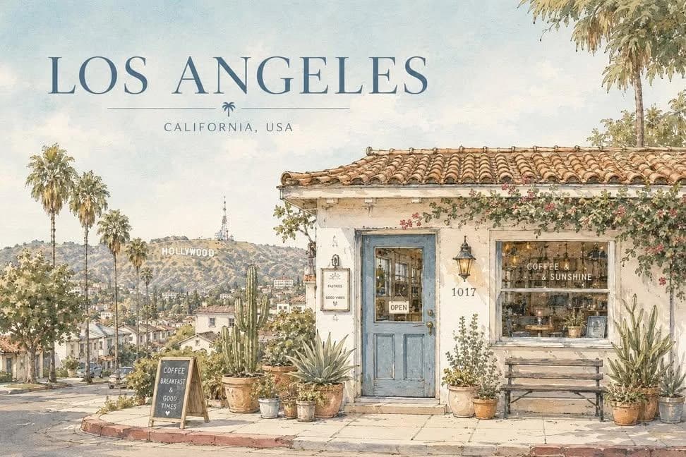 A cozy café with plants and a sign, set against the Hollywood hills in a watercolor style.