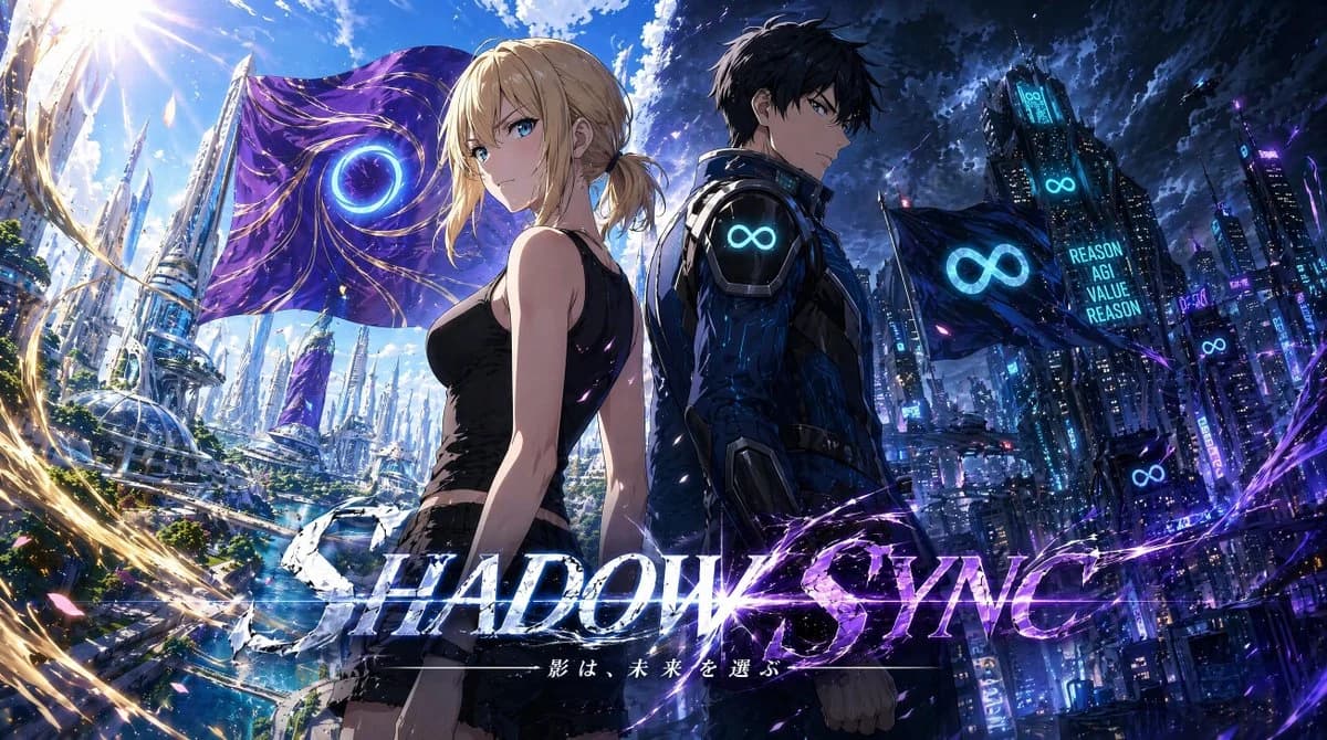 Shadow Sync Anime Key Visual with scroll-ready composition, strong focal subject, and polished social post styling