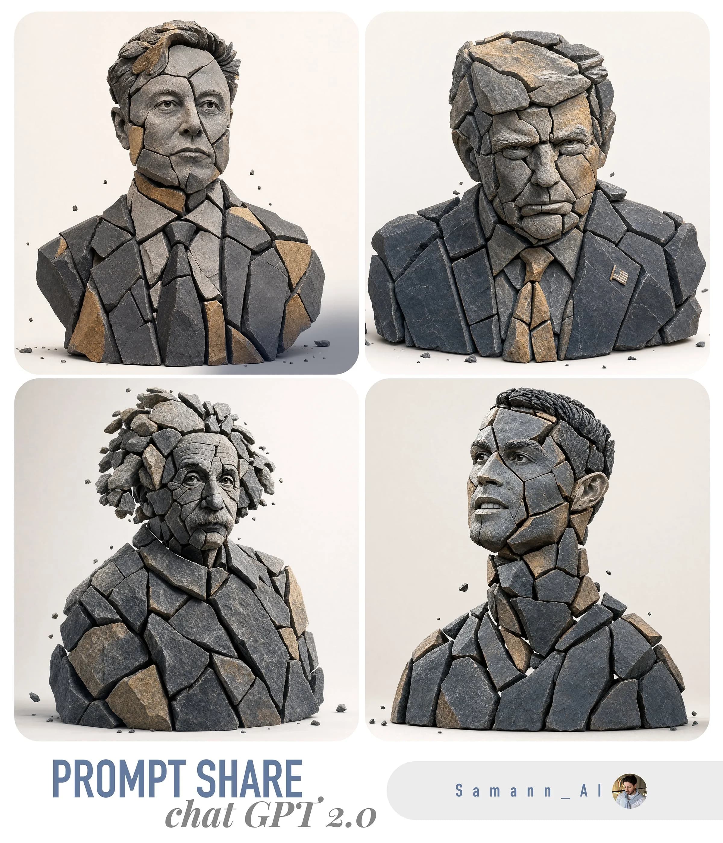 Four-panel stone style transfer comparison showing bust portraits rebuilt as cracked rock sculptures