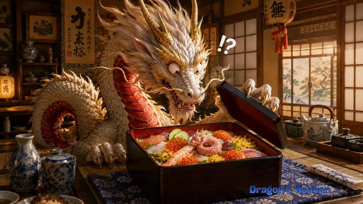 A cinematic fantasy scene of an elderly Japanese dragon discovering a tiny creature inside a premium chirashi sushi box