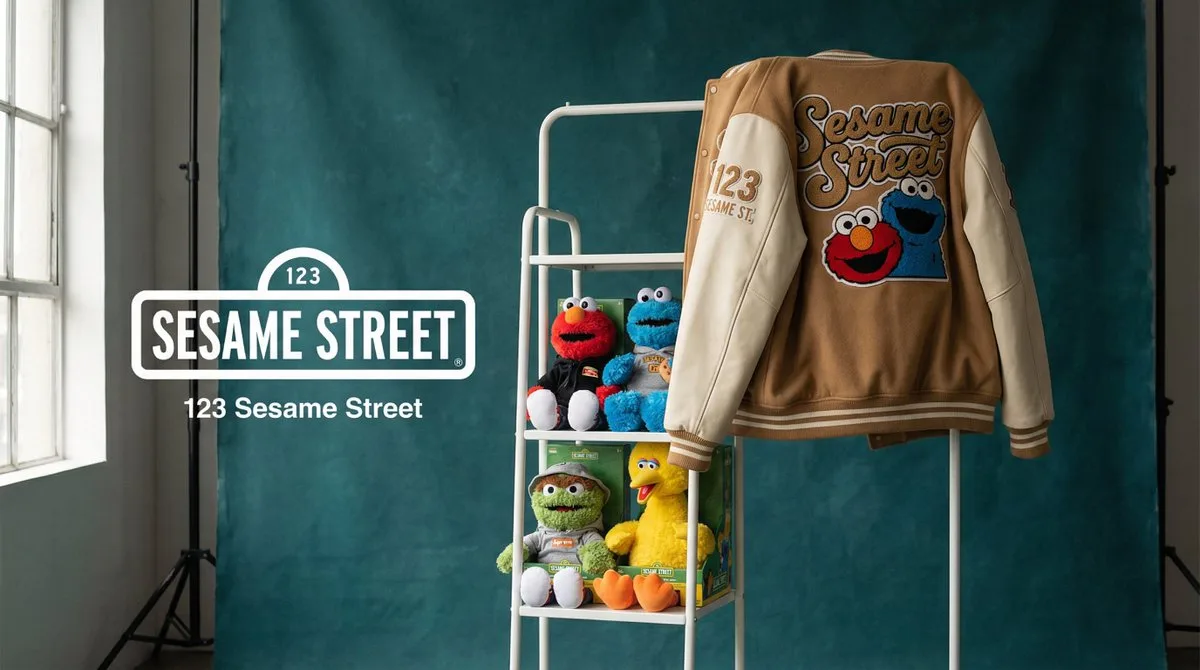 Sesame Street varsity jacket and plush toys are staged on a showroom rack against a teal studio wall