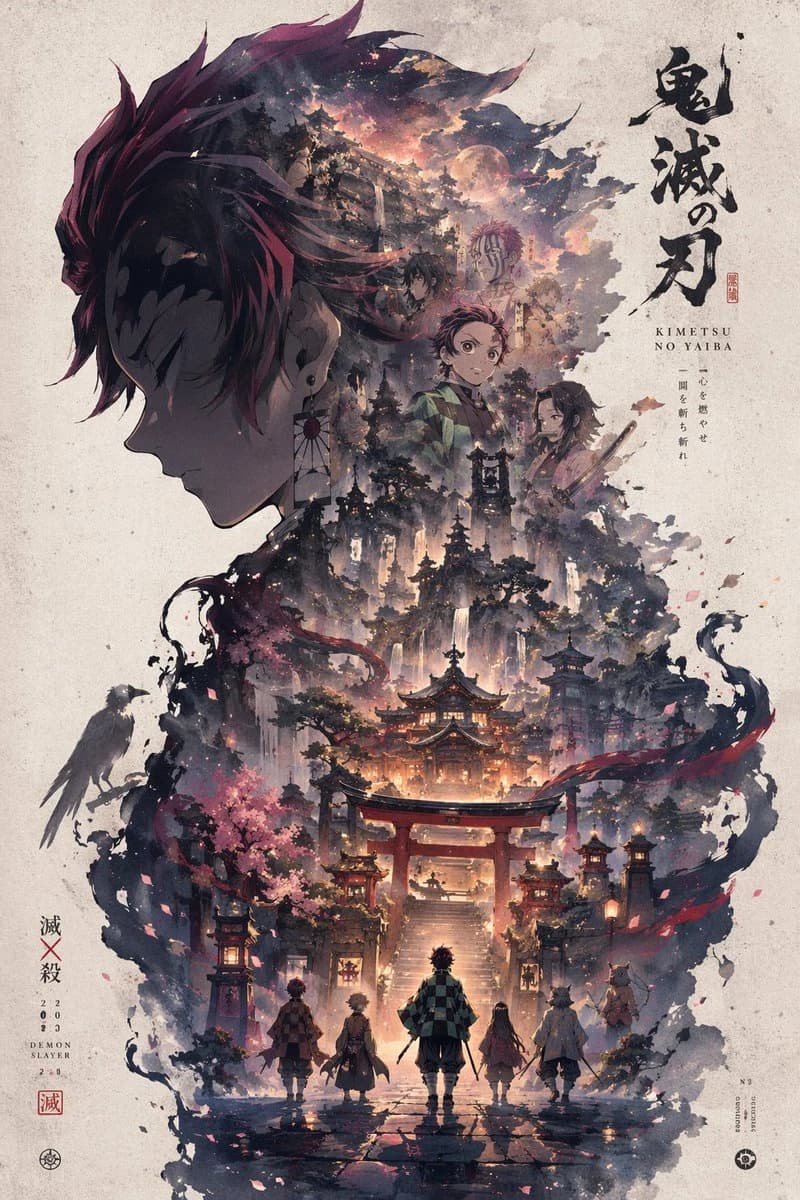 A silhouette of a character with colorful hair stands over a group of figures in a detailed landscape with traditional architecture.