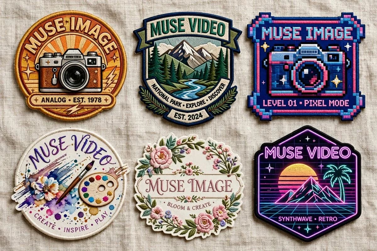 Six Embroidered Muse Patches with product flat lay styling, tactile thread detail and brand patch lineup