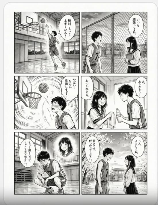 Six-panel manga page combining a basketball game with a tender romance scene