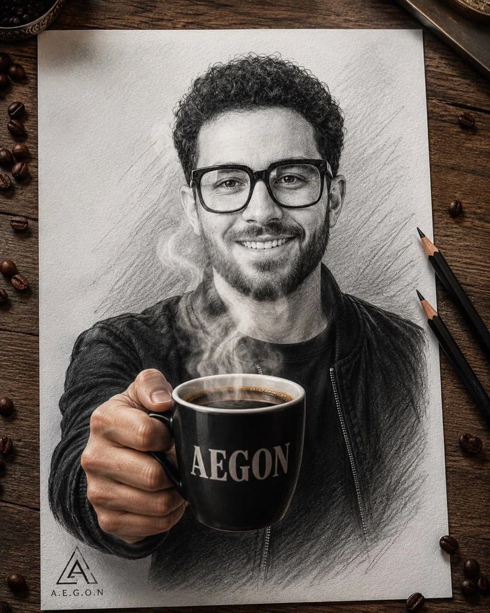GPT Image 2 prompt example showing a pencil sketch portrait breaking through paper to hold a realistic coffee mug