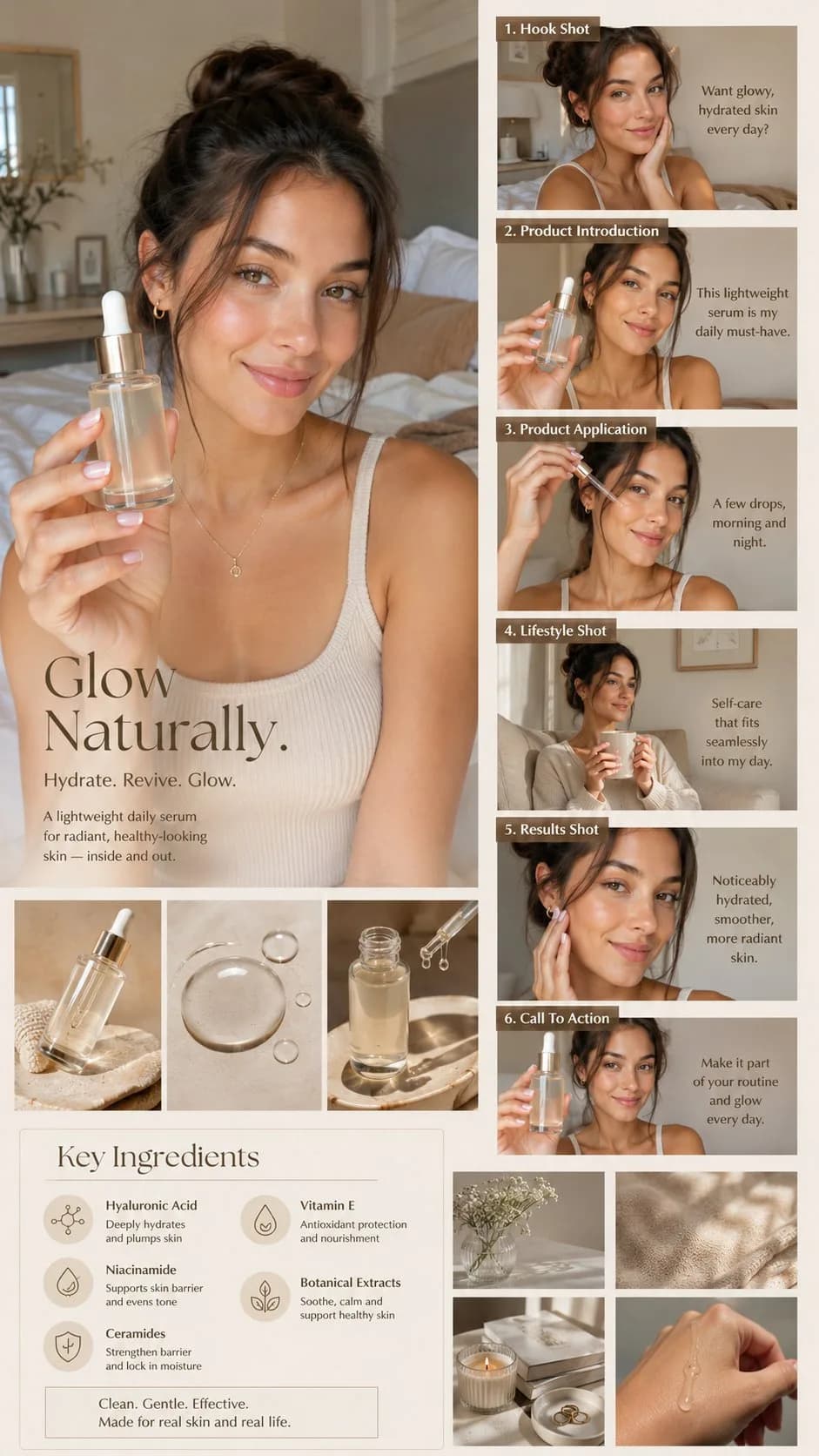 Skincare UGC campaign board with influencer portraits, product close-ups, key ingredients, and vertical story frames