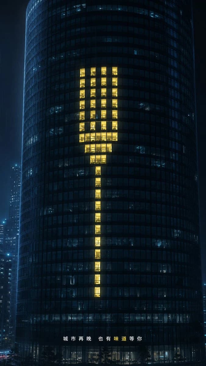 Commercial skyscraper visual where glowing office windows form a fork silhouette on a rainy blue-black city tower.