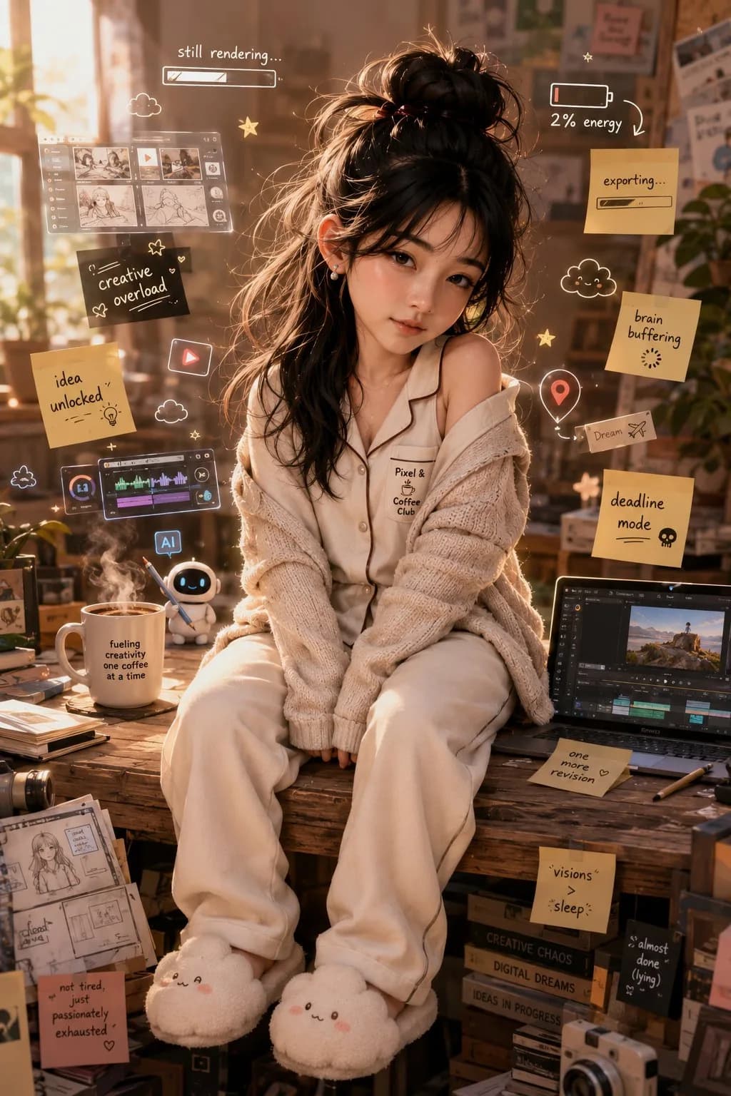 Sleepy chibi-style creator sitting in pajamas amid sticky notes, screens, coffee, and cluttered late-night desk props