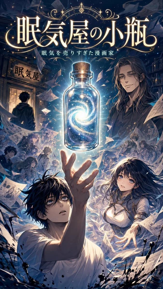 Sleep Shop Bottle Anime Poster with sequential storytelling, expressive character design and cinematic panel composition