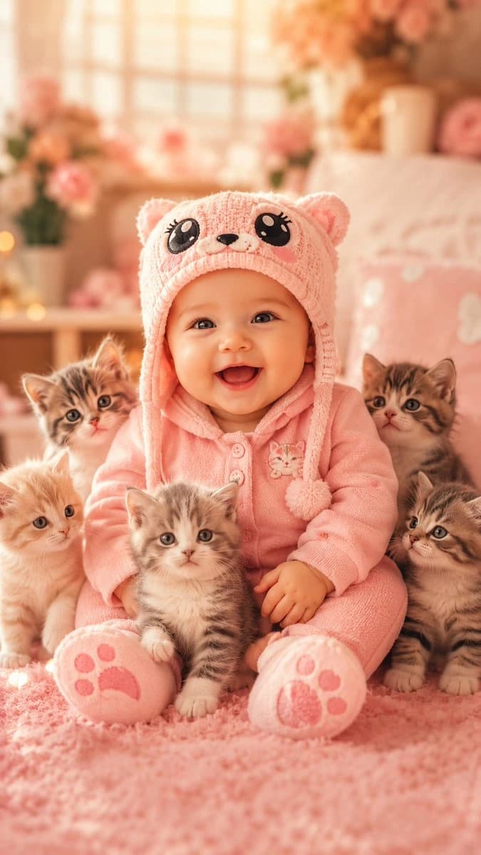 Smiling baby in a pink hooded outfit sitting with five kittens in a warm nursery scene