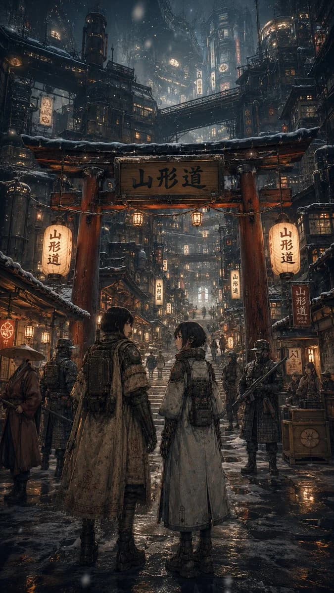 Snowy cyberpunk Japanese mountain city scene with travelers passing under a red torii-style gate