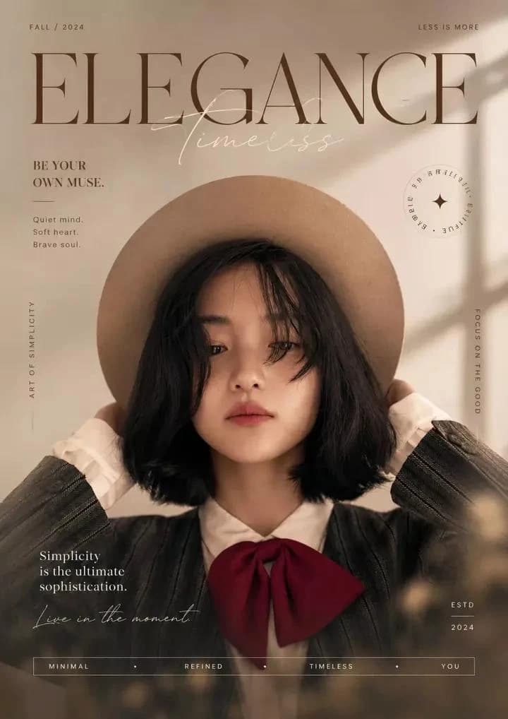A young East Asian girl with a short black bob and beige hat poses on a fashion magazine cover featuring elegant typography and a warm monochrome palette