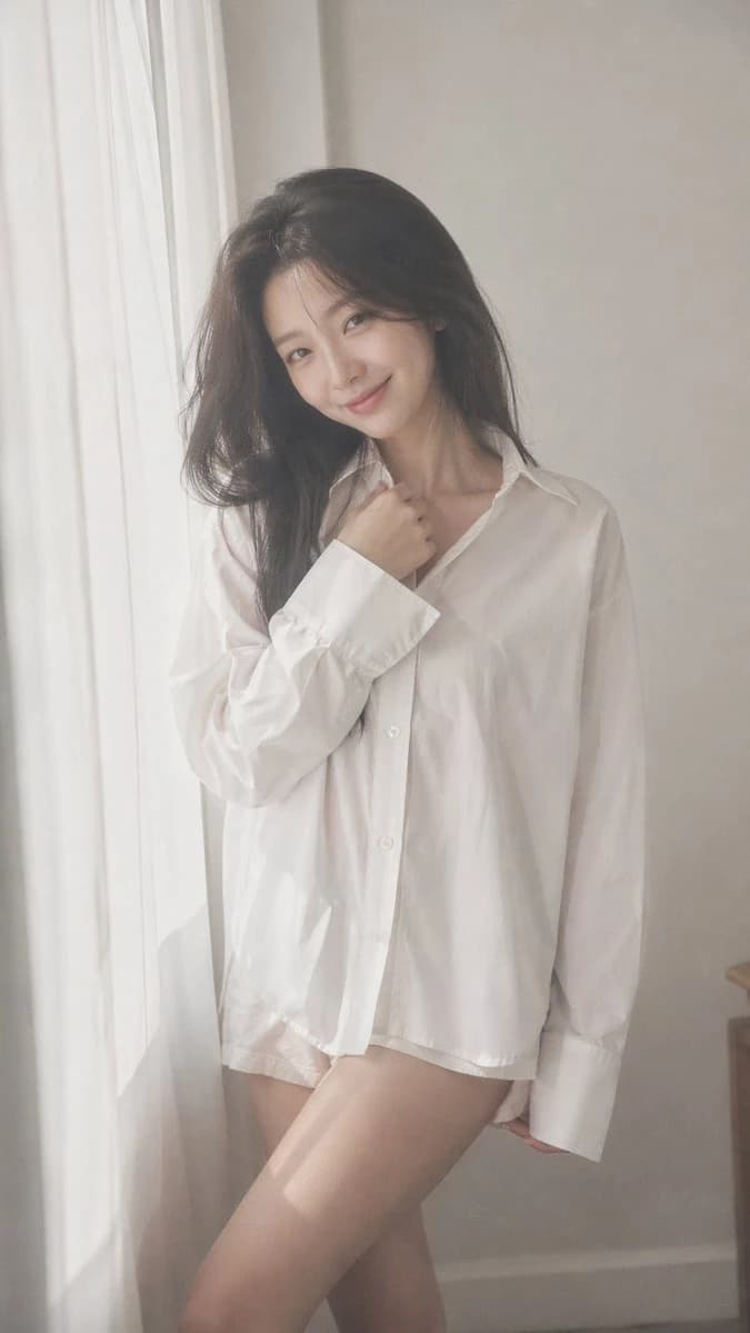 A young Korean female idol in an oversized white shirt stands relaxed by a window, softly smiling with natural light illuminating her features