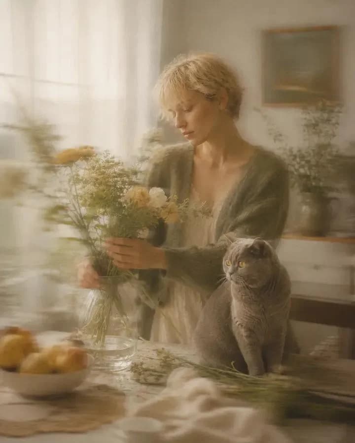 Fine art portrait photograph with soft motion blur, muted tones, and atmospheric shallow-depth composition