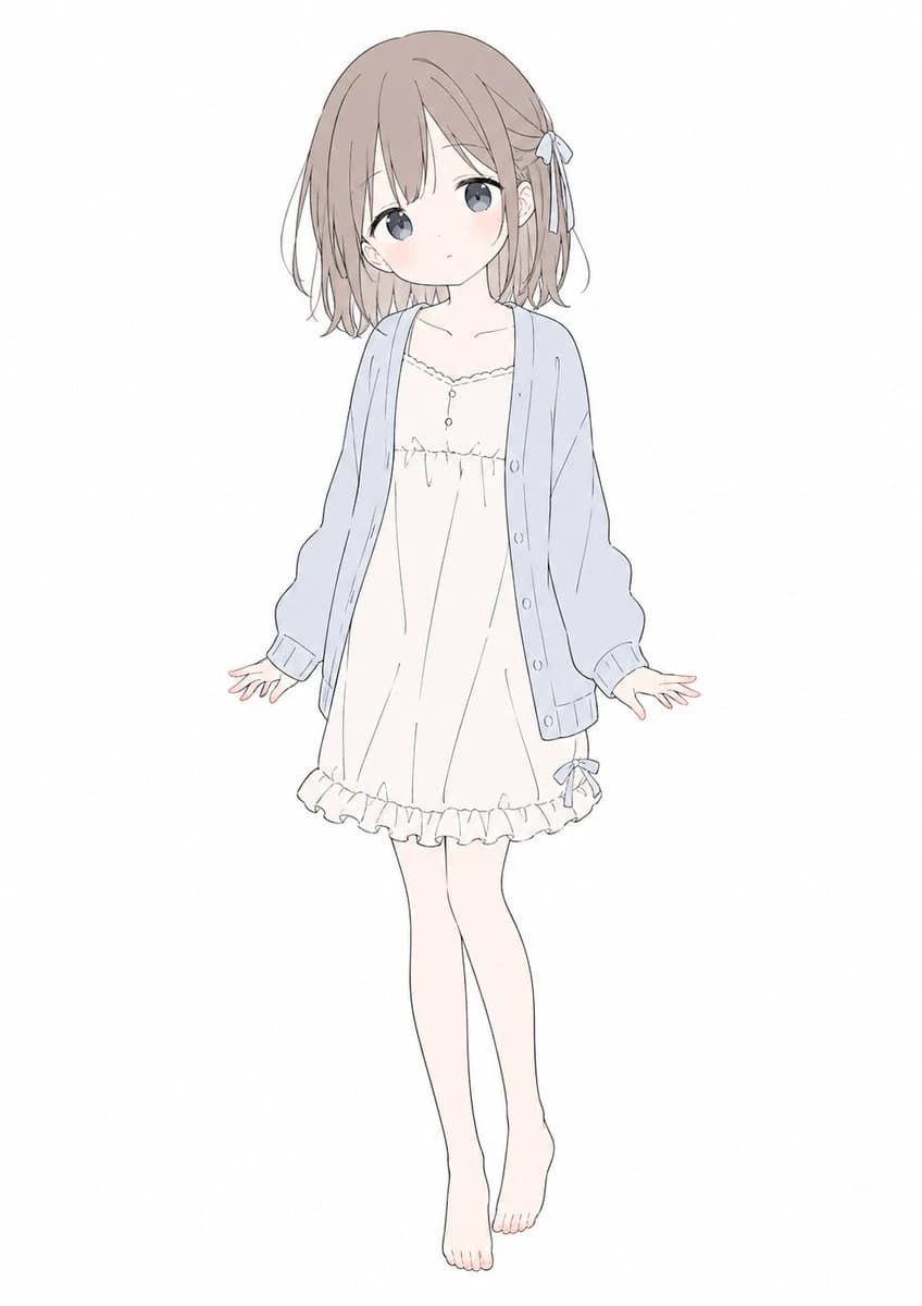 A full-body anime girl with a soft pastel aesthetic wears an oversized blue cardigan over a cream slip dress, posed on a white background
