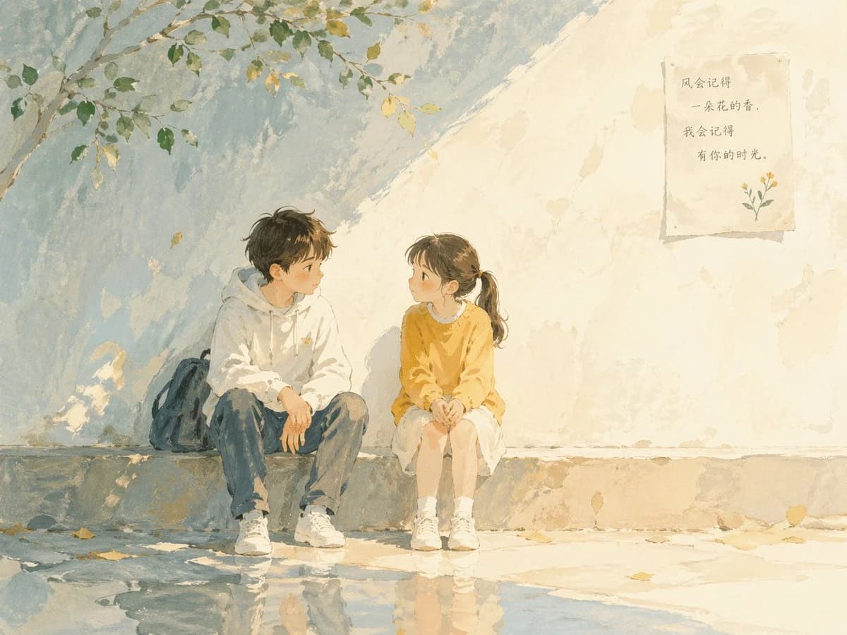 Two children engage in a calm conversation, surrounded by soft watercolor textures and a minimalist setting with muted pastel colors