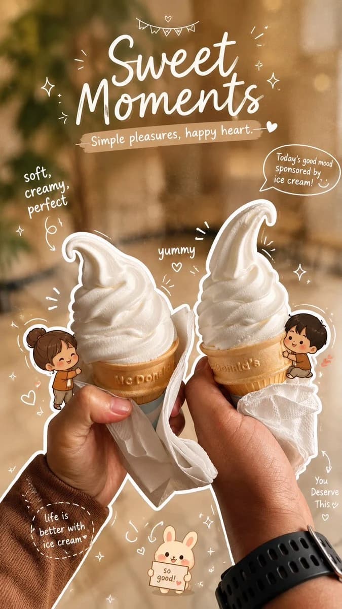 Two hands hold vanilla soft serve ice cream cones against a warm cafe backdrop, adorned with cute doodles and handwritten text